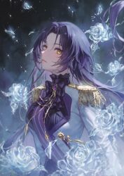 Rule 34 | 1girl, black bow, bow, brown eyes, dominique de sade, epaulettes, flower, frilled shirt collar, frills, highres, jacket, long hair, looking at viewer, parted bangs, parted lips, purple hair, signature, solo, upper body, vanitas no carte, white flower, white jacket, yellow eyes, zieru
