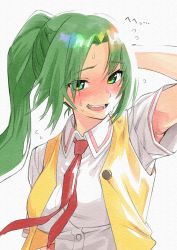 Rule 34 | 1girl, arm behind head, arm up, blush, breasts, buttons, collared shirt, dress shirt, embarrassed, flying sweatdrops, green eyes, green hair, high ponytail, highres, higurashi no naku koro ni, ice reizou, large breasts, long hair, looking at viewer, necktie, nose blush, open clothes, open mouth, open vest, parted bangs, ponytail, red necktie, school uniform, shirt, short sleeves, simple background, solo, sonozaki mion, sweat, translated, upper body, vest, white background, white shirt, yellow vest