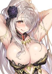 Rule 34 | 1girl, absurdres, armpits, arms behind head, arms up, bad id, bad twitter id, blush, breasts, cleavage, commentary request, hair ornament, hair over one eye, highres, large breasts, long hair, looking at viewer, mole, mole on breast, mole under mouth, original, red eyes, senri gan, shiny skin, silver hair, simple background, solo, sweat, sweatdrop, tongue, tongue out, upper body, white background