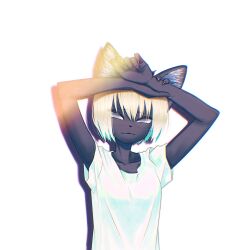 Rule 34 | 1girl, animal ears, arms up, blue eyes, blue hair, bob cut, cat ears, cat girl, claws, collarbone, colored inner hair, fang, furry, furry female, highres, holding own wrist, kunitarou-art, looking at viewer, multicolored hair, original, shirt, short sleeves, simple background, solo, t-shirt, upper body, whiskers, white background, white hair, white shirt