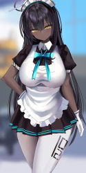 Rule 34 | 1girl, absurdres, apron, black dress, black hair, blue archive, blue ribbon, blurry, blurry background, blush, breasts, closed mouth, cowboy shot, crossed bangs, dark-skinned female, dark skin, dress, frilled apron, frills, gloves, hair between eyes, halo, hanasaka houcha, highres, huge filesize, karin (blue archive), large breasts, long hair, looking at viewer, maid headdress, pantyhose, pleated dress, ribbon, short sleeves, solo, standing, white apron, white gloves, white headwear, white pantyhose, yellow eyes