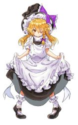 Rule 34 | 1girl, ;), apron, black footwear, black skirt, blonde hair, bow, braid, clothes lift, full body, hair bow, hat, hat bow, kirisame marisa, lifted by self, long hair, looking at viewer, manarou, mary janes, one eye closed, pigeon-toed, puffy short sleeves, puffy sleeves, purple bow, shoes, short sleeves, side braid, skirt, skirt lift, smile, socks, solo, standing, touhou, vest, white socks, witch hat, yellow eyes
