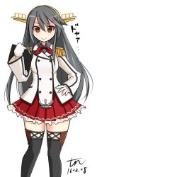 Rule 34 | &gt;:), 10s, 1girl, black hair, boots, buttons, clipboard, cosplay, epaulettes, gloves, hair ornament, hairclip, haruna (kancolle), headgear, kantai collection, kashima (kancolle), kashima (kancolle) (cosplay), kerchief, long hair, looking at viewer, military, military uniform, miniskirt, pleated skirt, skirt, solo, thigh boots, thighhighs, tun, uniform, v-shaped eyebrows, white gloves