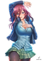 Rule 34 | 1girl, absurdres, afba, artist name, black pantyhose, blazer, blue cardigan, blue eyes, blush, breasts, brown hair, cardigan, cleavage, collarbone, commentary, cowboy shot, fingernails, go-toubun no hanayome, green skirt, hair between eyes, hand on own chest, headphones, headphones around neck, highres, jacket, large breasts, long sleeves, looking at viewer, medium hair, nakano miku, open mouth, pantyhose, shirt, simple background, skirt, solo, white background, white shirt