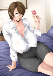 Rule 34 | 1girl, bed, bed sheet, bedroom, breasts, brown eyes, brown hair, cleavage, condom, covered erect nipples, glasses, highres, holding, holding condom, huge breasts, large breasts, looking at viewer, pillow, retorou, shirt, short hair, sitting, skirt, solo, white shirt