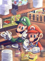 Rule 34 | 2boys, blooper (mario), blue eyes, blue overalls, brothers, brown hair, cheep cheep, chopsticks, cup, deep cheep, drinking straw, eating, facial hair, fire flower, food, gloves, green headwear, green shirt, hand on own chin, hat, highres, hiyashimeso, holding, holding chopsticks, huckit crab, indoors, juice box, luigi, mario, mario (series), multiple boys, mustache, nintendo, open mouth, overalls, plate, red headwear, red shirt, shirt, siblings, super star (mario), super mushroom, table, teeth, urchin (mario), white gloves