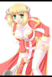 Rule 34 | 1girl, :d, blonde hair, blush, bow, breasts, brown horns, commentary request, cross, dress, feet out of frame, frilled thighhighs, frills, green eyes, hair bow, high priest (ragnarok online), holding, holding weapon, horns, juliet sleeves, large breasts, leaning forward, letterboxed, long sleeves, looking at viewer, mace, masaya ichika, medium hair, open mouth, pink bow, puffy sleeves, ragnarok online, red dress, sash, simple background, smile, solo, thighhighs, two-tone dress, weapon, white background, white dress, white sash, white thighhighs