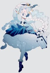 Rule 34 | 1girl, :d, black footwear, blue bow, blue dress, blue eyes, blue hair, boater hat, boots, bow, capelet, commentary request, dress, footwear bow, frilled capelet, frills, full body, gloves, grey background, hat, hat bow, hat ornament, hatsune miku, highres, holding luggage, liita (dusk snow), long hair, long sleeves, looking at viewer, low twintails, luggage, multi-tied hair, open mouth, pantyhose, rainbow hat ornament, rainbow print, simple background, sleeves past fingers, sleeves past wrists, smile, snowball, snowflake ornament, solo, standing, standing on one leg, sun hat ornament, sun ornament, twintails, very long hair, vocaloid, waist bow, white capelet, white gloves, white hair, white hat, white pantyhose, yuki miku