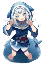 Rule 34 | 1girl, :d, animal hood, blue eyes, blue hair, blue hoodie, blue nails, claw pose, fingernails, fins, fish tail, gawr gura, gawr gura (1st costume), hands up, head tilt, hololive, hololive english, hood, hood down, hood up, hoodie, looking at viewer, multicolored hair, nail polish, open mouth, shark hood, shark tail, sharp teeth, smile, sogawa, solo, stitches, streaked hair, tail, teeth, upper teeth only, virtual youtuber, wading, white hair
