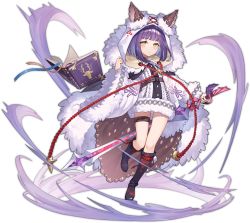 Rule 34 | 1girl, animal ears, ark order, artist request, black cape, black footwear, book, bookmark, boots, cape, coat, ears through headwear, full body, fur-trimmed coat, fur-trimmed hood, fur trim, holding, holding sword, holding weapon, hood, hooded coat, looking at viewer, official art, oscar (ark order), pom pom (clothes), purple hair, red rope, rope, short hair, solo, sword, tachi-e, thigh strap, transparent background, weapon, white coat, wind, wolf ears, yellow eyes