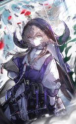 Rule 34 | 1girl, absurdres, arknights, commentary request, cowboy shot, dress, flower, gloves, green eyes, grey hair, hair between eyes, highres, horns, long hair, long sleeves, looking at viewer, luan teng, pallas (arknights), purple dress, purple gloves, red flower, red rose, rose, shirt, solo, standing, white shirt
