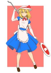 Rule 34 | 1girl, apron, back bow, blonde hair, blue dress, bow, breasts, brown footwear, dress, elbow gloves, frilled apron, frills, full body, gloves, haramin3, hat, hat bow, highres, holding, kana anaberal, puffy short sleeves, puffy sleeves, red bow, red neckwear, road sign, short sleeves, sign, small breasts, socks, solo, sun hat, touhou, touhou (pc-98), white apron, white bow, white hat, white socks, yellow eyes