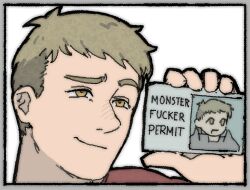 Rule 34 | 1boy, blonde hair, commentary, dungeon meshi, english commentary, english text, holding, id card, laios touden, male focus, orange eyes, pantsu-ripper, profanity, red shirt, shirt, simple background, smirk, solo, upper body, white background