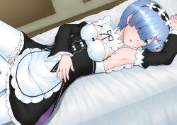 Rule 34 | 10s, 1girl, alternate costume, aoi hito, apron, armpits, blue eyes, blue hair, blush, breasts, detached sleeves, enmaided, hair ornament, hair over one eye, hand on own stomach, looking at viewer, lying, maid, on back, re:zero kara hajimeru isekai seikatsu, rem (re:zero), solo, spread legs, thighhighs, thighs, white thighhighs, wide sleeves, x hair ornament