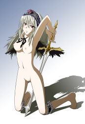 Rule 34 | 1girl, barefoot, breasts, full body, grey hair, hairband, highres, kneeling, long hair, nipples, nude, rozen maiden, shadow, solo, suigintou, sword, uncensored, weapon, wings