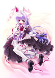 Rule 34 | 1girl, alternate costume, animal ears, capura lin, enmaided, female focus, from side, full body, gradient background, long hair, maid, purple hair, rabbit ears, reisen udongein inaba, sitting, solo, thighhighs, touhou, very long hair, white background, white thighhighs