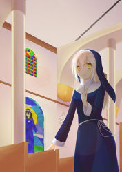 Rule 34 | 1girl, :o, arch, arm at side, bad id, bad pixiv id, bench, blonde hair, blue dress, blush, church, cowboy shot, dress, eyebrows, habit, hair between eyes, hand on own chest, highres, indoors, long hair, long sleeves, looking at viewer, nun, original, parted lips, pillar, robe, solo, stained glass, standing, tareme, thick eyebrows, tokito yu, traditional nun, veil, window, yellow eyes