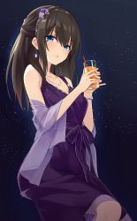 Rule 34 | 10s, 1girl, absurdres, azuuru (azure0608), bad id, bad twitter id, black hair, blue eyes, cocktail, cocktail dress, cup, dress, drink, drinking glass, hair ornament, half updo, highres, holding, holding cup, holding drinking glass, idolmaster, idolmaster cinderella girls, idolmaster cinderella girls starlight stage, jewelry, necklace, parted lips, sagisawa fumika, solo, star (symbol), starry background