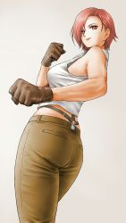 Rule 34 | 1girl, ass, breasts, gloves, green pants, highres, pants, red hair, snk, solo, the king of fighters, vanessa (kof), x chitch