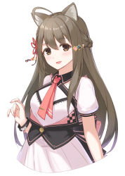 Rule 34 | 1girl, :d, ahoge, animal ears, braid, brown eyes, brown hair, clip studio paint (medium), commentary request, copyright request, cropped torso, gohei (aoi yuugure), hair between eyes, hair ornament, hand up, highres, indie virtual youtuber, long hair, nail polish, open mouth, pink nails, pleated skirt, puffy short sleeves, puffy sleeves, shirt, short sleeves, simple background, skirt, smile, solo, very long hair, virtual youtuber, white background, white shirt, white skirt