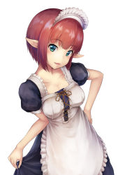 Rule 34 | 1girl, bad id, bad pixiv id, breasts, cleavage, collarbone, green eyes, hand on own hip, large breasts, looking at viewer, maid, maid headdress, oonaka ito, original, parted lips, pointy ears, puffy short sleeves, puffy sleeves, red hair, short hair, short sleeves, smile, solo