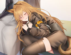 Rule 34 | 1girl, 1other, absurdres, ambiguous gender, animal ears, arknights, black jacket, blush, boots, brown footwear, brown hair, brown jacket, ceobe (arknights), doctor (arknights), dog ears, dog girl, dog tail, closed eyes, fang, highres, jacket, long sleeves, parted lips, r oot, skin fang, sleeping, sleeping on person, sleeveless, smile, solo focus, tail, thigh boots, thighs, white background