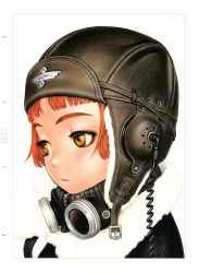 Rule 34 | 00s, absurdres, blunt bangs, bob cut, brown eyes, cable, form code, goggles, highres, last exile, lavie head, leather, murata range, pilot, portrait, red hair, scan, scar, short hair, solo, steampunk, stitches
