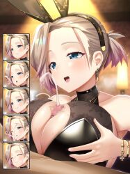 1boy 1girl animal_ears azur_lane bare_shoulders blue_eyes blurry blurry_background breasts censored cleavage_cutout clothed_female_nude_male clothing_cutout commentary_request cross cross_earrings cum cum_on_body earrings ejaculation expression_chart facial fake_animal_ears fumizuki_homura gradient_hair jewelry large_breasts leotard mosaic_censoring multicolored_hair new_orleans_(azur_lane) new_orleans_(evening_agricole)_(azur_lane) nude paizuri paizuri_under_clothes playboy_bunny projectile_cum rabbit_ears solo_focus