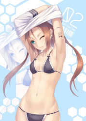 Rule 34 | 1girl, android, armpits, arms up, barcode, bikini, black bikini, breasts, brown hair, changing clothes, cyborg, ear piercing, green eyes, groin, navel, nidy, one eye closed, piercing, small breasts, solo, string bikini, swimsuit, twintails