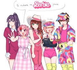 Rule 34 | 1boy, 4girls, ^ ^, artist name, barbie (character), barbie (character) (cosplay), barbie (franchise), barbie (live action), blush, bow, breasts, brown eyes, brown hair, cleavage, closed eyes, cosplay, cup, disposable cup, doki doki literature club, dress, drinking straw, green eyes, hair behind ear, hat, hat bow, highres, hinaten, holding, holding cup, holding tray, juliet sleeves, ken (barbie), ken (barbie) (cosplay), logo, long sleeves, medium breasts, monika (doki doki literature club), multiple girls, natsuki (doki doki literature club), open hand, pants, pink dress, pink eyes, pink hair, pink pants, pink shirt, pink shorts, plaid, plaid dress, protagonist (doki doki literature club), puffy sleeves, purple eyes, purple hair, sayori (doki doki literature club), shirt, shorts, sleeveless, sleeveless shirt, smile, speech bubble, tray, visor cap, yuri (doki doki literature club)