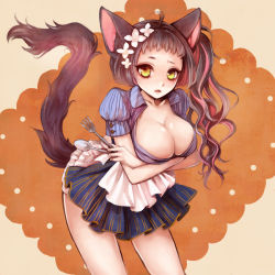 Rule 34 | 1girl, ahoge, animal ears, arched back, breast hold, breasts, brown hair, cat, cat ears, cat tail, cleavage, clona, crossed arms, female focus, flower, fork, frilled skirt, frills, gradient background, hair flower, hair ornament, large breasts, leaning forward, long hair, looking at viewer, maid, miniskirt, multicolored hair, open clothes, open shirt, original, pink hair, pleated skirt, puffy sleeves, shirt, short sleeves, skirt, solo, spoon, streaked hair, striped, tail, two-tone background, vertical stripes, yellow eyes