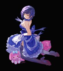 Rule 34 | 1girl, absurdres, alternate costume, apron, back bow, backless outfit, black background, black footwear, black thighhighs, blue dress, blue hair, bow, closed mouth, clothes lift, collar, dress, full body, garter straps, genshin impact, gloves, green eyes, hand up, high heels, highres, kneeling, lifting own clothes, medium hair, petticoat, rui (gsr1982), simple background, skirt, skirt lift, solo, strapless, strapless dress, stuffed toy, thighhighs, white apron, white collar, white gloves, wrist cuffs, yelan (genshin impact)