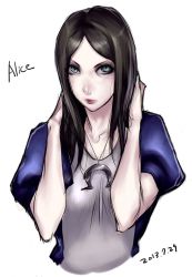 Rule 34 | 1girl, alice: madness returns, alice (alice in wonderland), alice liddell (american mcgee&#039;s alice), american mcgee&#039;s alice, apron, black hair, closed mouth, dress, green eyes, jewelry, jupiter symbol, lipstick, long hair, looking at viewer, makeup, necklace, sawao, simple background, solo, white background