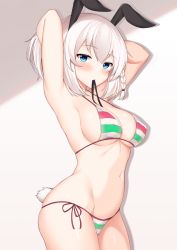 Rule 34 | 1girl, animal ears, armpits, arms behind head, arms up, bare arms, bare shoulders, bikini, blue eyes, blush, braid, breasts, cleavage, commentary request, cowboy shot, groin, hair tie in mouth, halterneck, highres, kurigura (sketch san), large breasts, long hair, looking at viewer, mouth hold, navel, original, rabbit ears, rabbit girl, rabbit tail, shade, shadow, side-tie bikini bottom, solo, standing, stomach, striped bikini, striped clothes, swimsuit, tail, tying hair, white hair