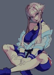 Rule 34 | 1girl, blue eyes, dougi, grey background, head tilt, highres, hime cut, looking to the side, manon legrand, martial arts belt, pink hair, s0gaharahen, sidelocks, sketch, solo, spandex, street fighter, street fighter 6, wristband