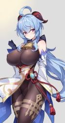 Rule 34 | 1girl, absurdres, ahoge, bare shoulders, bell, black bodysuit, black pantyhose, blue hair, bodysuit, bow, breasts, covered erect nipples, cowbell, cowboy shot, detached sleeves, ganyu (genshin impact), genshin impact, hand up, highres, horns, large breasts, looking at viewer, neck bell, open mouth, pantyhose, pelvic curtain, puffy nipples, purple eyes, serin199, solo, thighs