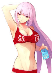 Rule 34 | 1girl, abs, arm behind head, armpits, bra, breasts, cleavage, cocorosso, fate/grand order, fate (series), florence nightingale (fate), hair down, large breasts, long hair, midriff, navel, panties, pink hair, red bra, red eyes, red panties, simple background, solo, sports bra, sweat, underwear, very long hair, white background