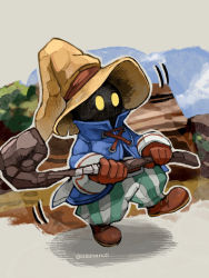 Rule 34 | 1boy, artist name, baggy pants, black mage (final fantasy), blue coat, brown footwear, coat, commentary, final fantasy, final fantasy ix, full body, gloves, glowing, glowing eyes, hat, highres, holding, holding staff, lace-up, male focus, outdoors, pants, red gloves, shadow, solid oval eyes, solo, staff, standing, striped clothes, striped pants, uzutanco, vertical stripes, vivi ornitier, wizard hat, yellow eyes