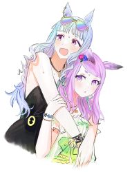 Rule 34 | 2girls, :d, :o, animal ears, bare shoulders, black dress, blue hair, blunt bangs, bow, bright pupils, dress, dress bow, ear piercing, eyewear on head, frilled dress, frills, gold ship (run revolt launcher) (umamusume), gold ship (umamusume), gradient hair, green bow, green dress, green hair, highres, holding another&#039;s arm, horse ears, horse girl, hug, hug from behind, iridescent, jewelry, light blue hair, light blush, long hair, looking at viewer, looking to the side, mejiro mcqueen (ripple fairlady) (umamusume), mejiro mcqueen (umamusume), multicolored hair, multiple girls, necklace, open mouth, parted lips, pendant, piercing, pink eyes, pink hair, purple eyes, rosette (roze-ko), simple background, sleeveless, sleeveless dress, smile, sundress, sunglasses, sweat, swept bangs, umamusume, upper body, white background, white pupils, yuri