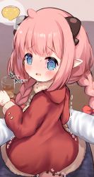 Rule 34 | 1girl, @ @, blue eyes, blush, bow, braid, cup, dragon girl, dragon horns, dragon tail, dress, drink, drinking glass, from behind, fur-trimmed dress, fur trim, hair bow, have to pee, highres, horns, kotatsu, long hair, long sleeves, looking at viewer, looking back, low twintails, open mouth, original, pink hair, pointy ears, red bow, red dress, siera (sieracitrus), sitting, solo, spiked tail, sweat, table, tail, trembling, twin braids, twintails, very long hair, wavy mouth