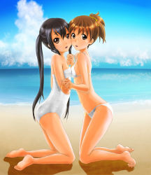 Rule 34 | 2girls, absurdres, bad id, bad pixiv id, barefoot, beach, bikini, black hair, breast press, breasts, brown eyes, brown hair, day, highres, hinoki (studio spiral dust), hirasawa ui, holding hands, k-on!, long hair, multiple girls, nakano azusa, one-piece swimsuit, ponytail, short hair, small breasts, swimsuit, symmetrical docking, twintails