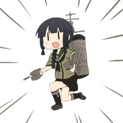 Rule 34 | 10s, 1girl, black hair, blunt bangs, blush stickers, braid, chibi, hair over shoulder, kantai collection, kitakami (kancolle), long hair, lowres, machinery, miyako hito, open mouth, personification, single braid, solo, torpedo, turret, | |