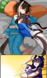 Rule 34 | 3girls, alternate costume, animal ears, bed, butterwabito, cheval grand (umamusume), closed eyes, closed mouth, commentary request, hair between eyes, hair ornament, highres, horse ears, horse girl, multiple girls, open mouth, pajamas, pillow, shorts, siblings, sisters, sleeping, surprised, twintails, umamusume, v sisters, verxina (umamusume), vivlos (umamusume)