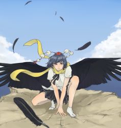 Rule 34 | 1girl, bare arms, bird wings, black hair, black ribbon, black skirt, black wings, blue sky, closed mouth, cloud, day, eyebrows, feathered wings, feathers, frown, hat, ichiroku (sakumogu-029), miniskirt, outdoors, pleated skirt, pom pom (clothes), red eyes, red hat, ribbon, scarf, shameimaru aya, shirt, short hair, short sleeves, skirt, sky, solo, squatting, tokin hat, touhou, v arms, white shirt, wings, yellow scarf