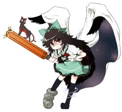 Rule 34 | 1girl, animal, arm cannon, black hair, female focus, flying, full body, golden pe done, kaenbyou rin, kaenbyou rin (cat), long hair, looking at viewer, red eyes, reiuji utsuho, simple background, solo, thighhighs, touhou, very long hair, weapon, white background, wings