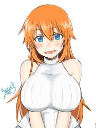 Rule 34 | 1girl, absurdres, blue eyes, blush, breasts, charlotte e. yeager, emirio (emirio110), highres, large breasts, long hair, orange hair, smile, strike witches, sweater, teeth, world witches series