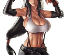 Rule 34 | 1990s (style), 1girl, black hair, breasts, cleavage, colorized, crop top, detached sleeves, eu03, female focus, final fantasy, final fantasy vii, flexing, groin, head out of frame, large breasts, long hair, midriff, muscular, narrow waist, navel, retro artstyle, sagging breasts, shiny skin, shirt, sideboob, skindentation, solo, strap gap, suspenders, taut clothes, taut shirt, tifa lockhart, toned, very long hair