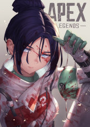 Rule 34 | 1girl, absurdres, animification, apex legends, black hair, blood, blood on clothes, blood on face, blue eyes, bodysuit, copyright name, gloves, hair behind ear, hair bun, head tilt, highres, holding, holding mask, logo, looking at viewer, mask, unworn mask, official alternate costume, parted bangs, quarantine 722 wraith, single hair bun, sitting, solo, takunoshin, white bodysuit, white gloves, wraith (apex legends)