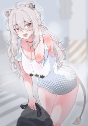 Rule 34 | 1girl, ahoge, animal ears, bottomless, breasts, cleavage, collarbone, ear piercing, fang, grey eyes, grey hair, hair between eyes, hanging breasts, highres, hololive, large breasts, leaning forward, lion ears, lion girl, lion tail, looking at viewer, messy hair, moral cacoethes, no bra, no pants, open mouth, piercing, pussy juice, shiny skin, shirt, shishiro botan, smile, standing, tail, thighs, trash bag, virtual youtuber