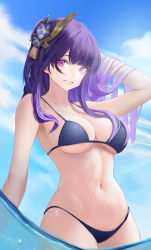 Rule 34 | 1girl, absurdres, arm up, bare shoulders, bikini, blue bikini, blue sky, breasts, cleavage, cloud, collarbone, commentary, day, dutch angle, english commentary, genshin impact, grin, hand in own hair, highres, large breasts, long hair, looking at viewer, navel, outdoors, parted lips, partially underwater shot, purple eyes, purple hair, raiden shogun, sidelocks, sky, smile, solo, stomach, string bikini, swimsuit, teeth, underboob, wading, water, yami (rear4742)